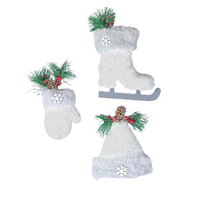 Silver Furry Winter Accessories Themed Tree Ornaments Christmas Decoration | Pack of 3 | 5 x 5 inches