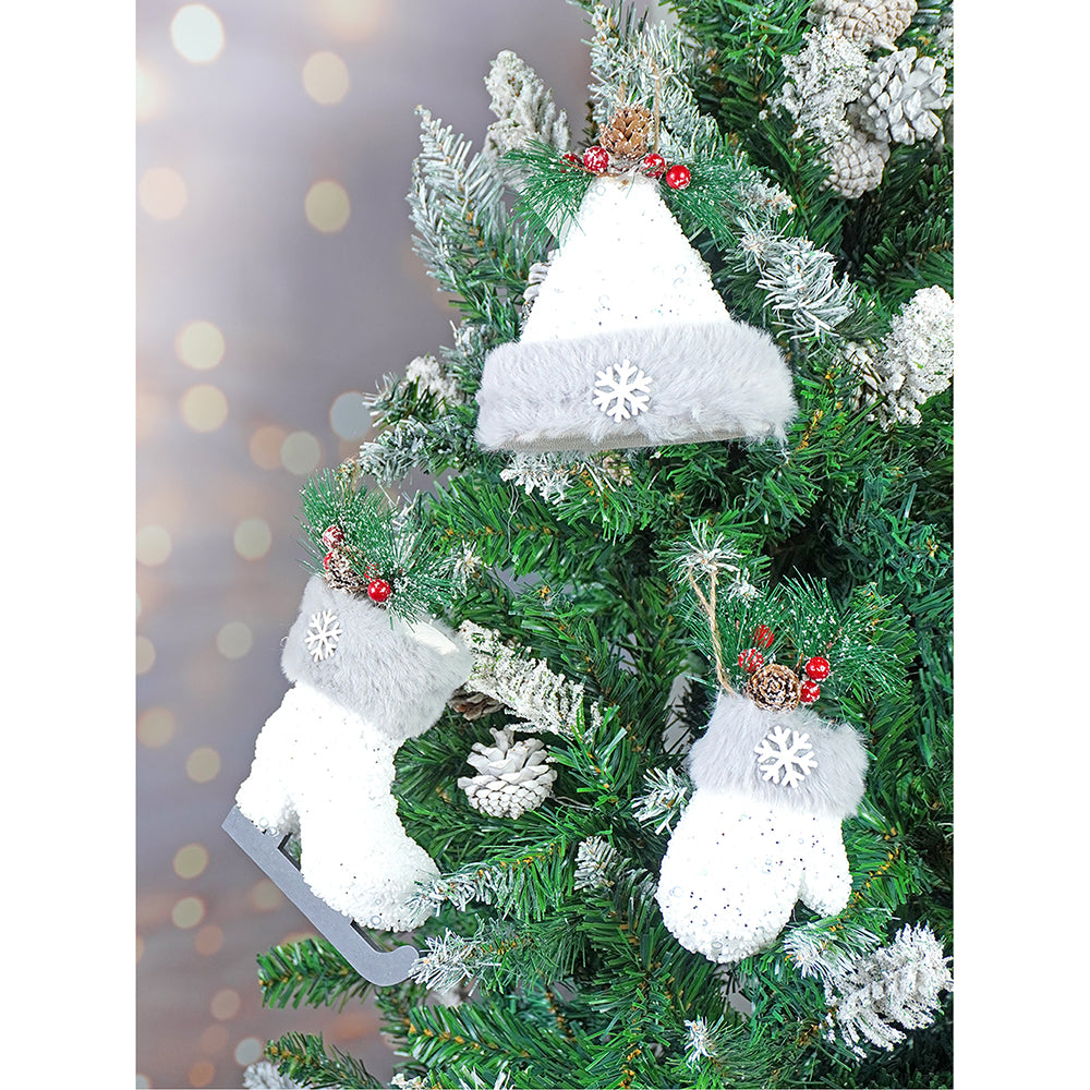 Silver Furry Winter Accessories Themed Tree Ornaments Christmas Decoration | Pack of 3 | 5 x 5 inches