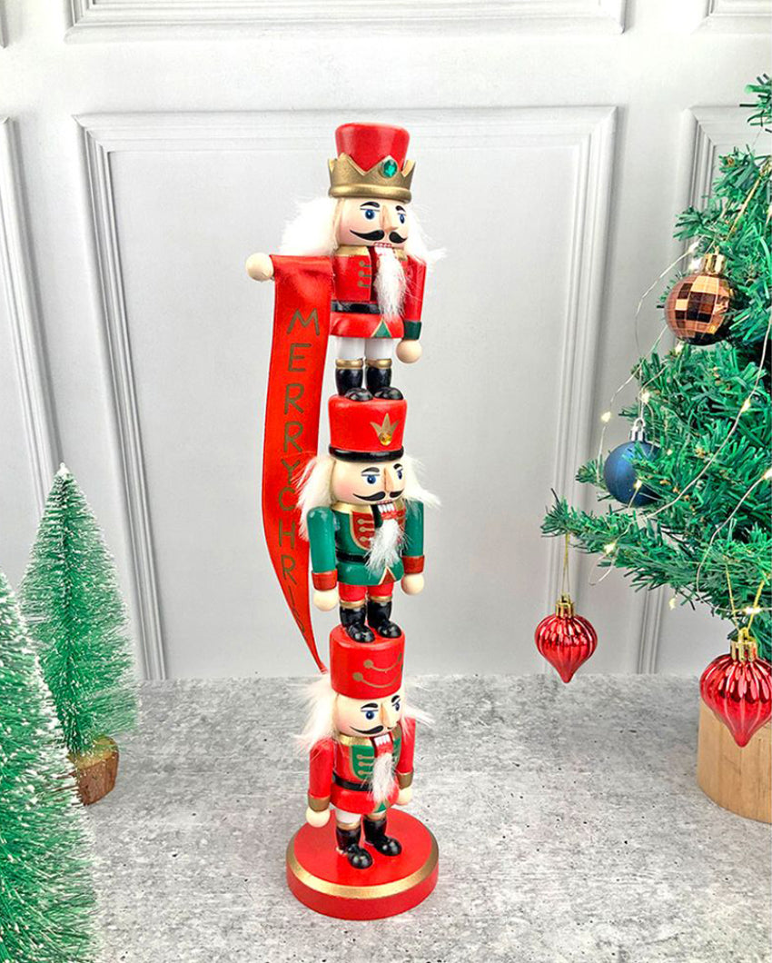 3 Tier Stacked Wooden Nutcracker Christmas Table Décor | 16 x 4 inches