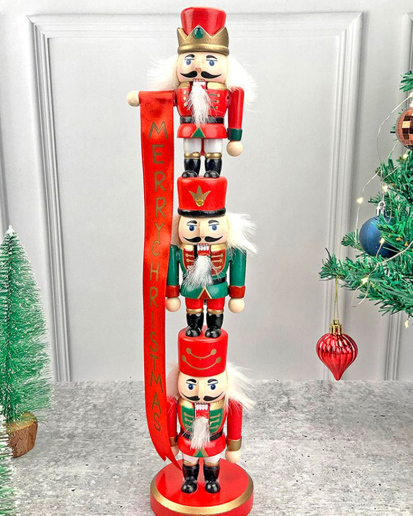 3 Tier Stacked Wooden Nutcracker Christmas Table Décor | 16 x 4 inches