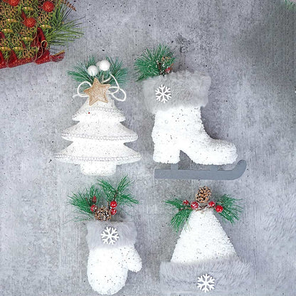 Silver Furry Winter Accessories Themed Tree Ornaments Christmas Decoration | Pack of 4 | 5 x 5 inches