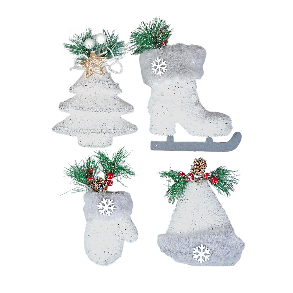 Silver Furry Winter Accessories Themed Tree Ornaments Christmas Decoration | Pack of 4 | 5 x 5 inches