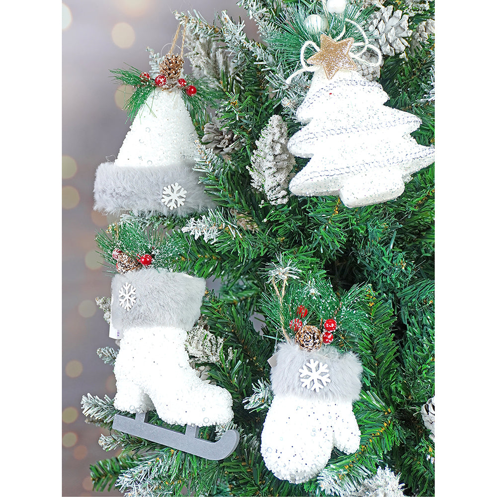 Silver Furry Winter Accessories Themed Tree Ornaments Christmas Decoration | Pack of 4 | 5 x 5 inches