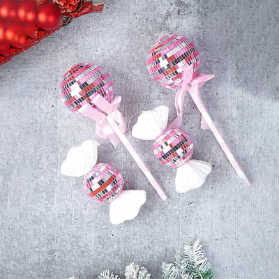 Pink Shiny Disco Themed Medium Sized Candy Shaped Tree Ornaments Christmas Decoration | Pack of 4 | 5 x 10 inches