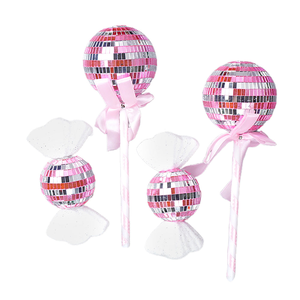 Pink Shiny Disco Themed Medium Sized Candy Shaped Tree Ornaments Christmas Decoration | Pack of 4 | 5 x 10 inches