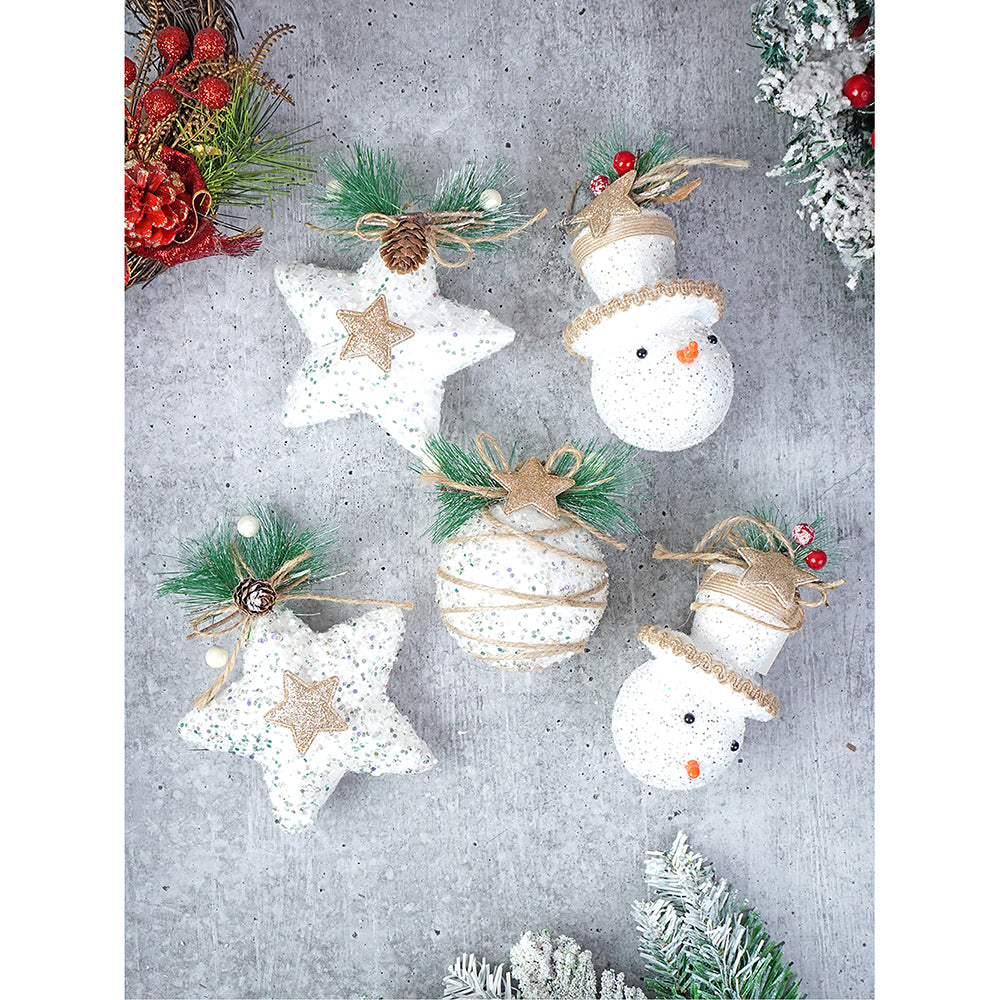 Double Glitter Jute Themed Tree Ornaments Christmas Decoration | Pack of 5 | 5 x 5 inches