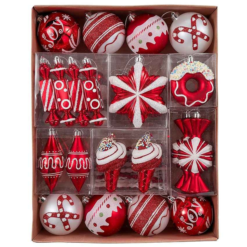 Red and White Candy Donuts Christmas Ball Ornaments Decoration | 60 Pieces | 16 x 12 x 3 inches