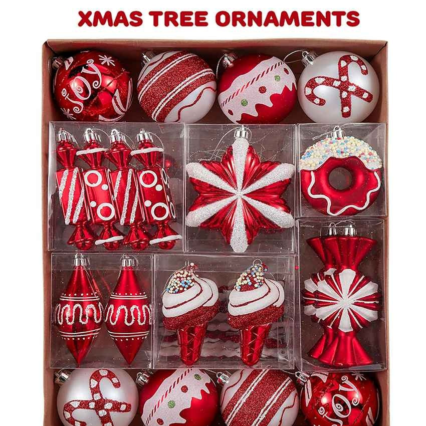 Red and White Candy Donuts Christmas Ball Ornaments Decoration | 60 Pieces | 16 x 12 x 3 inches