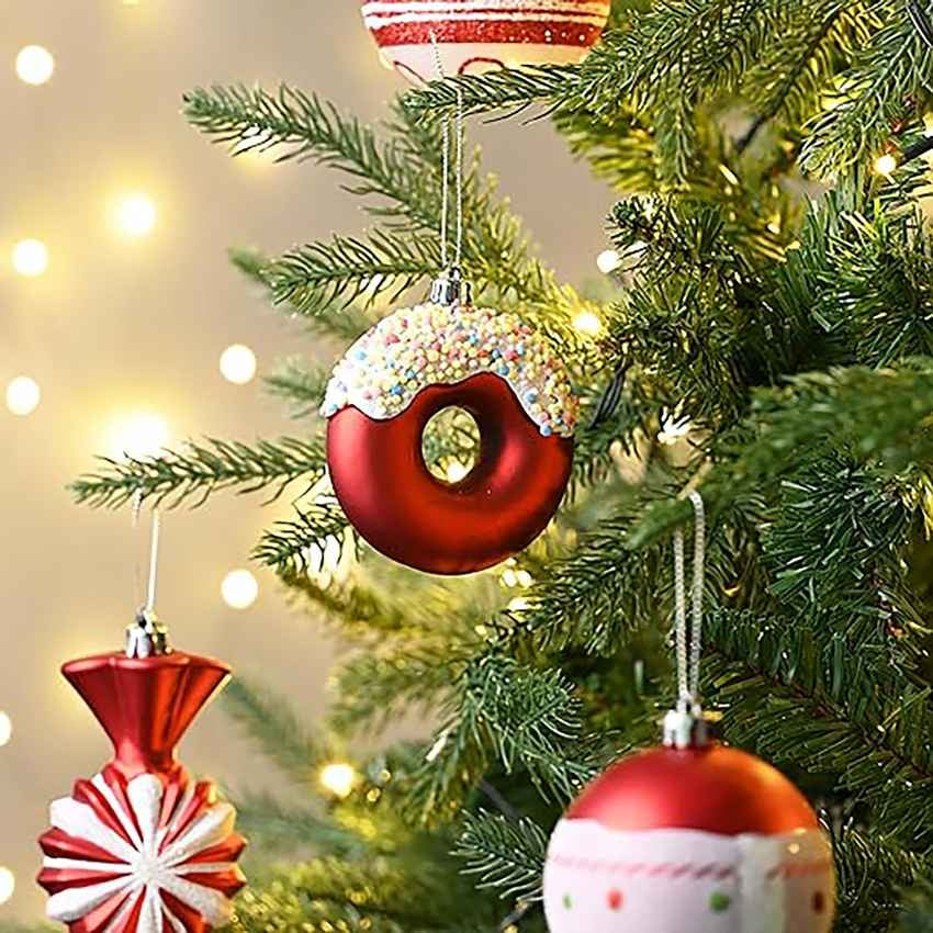 Red and White Candy Donuts Christmas Ball Ornaments Decoration | 60 Pieces | 16 x 12 x 3 inches