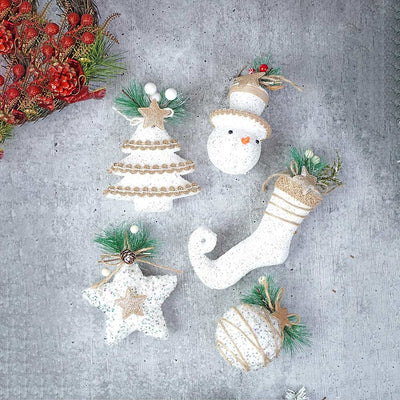 Glitter Jute Themed Tree Ornaments Christmas Decoration | Pack of 5