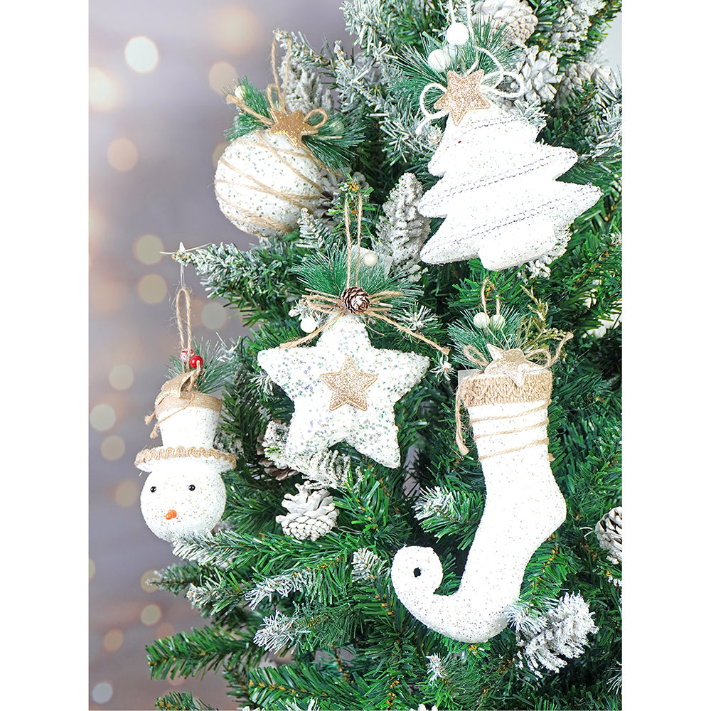 Glitter Jute Themed Tree Ornaments Christmas Decoration | Pack of 5