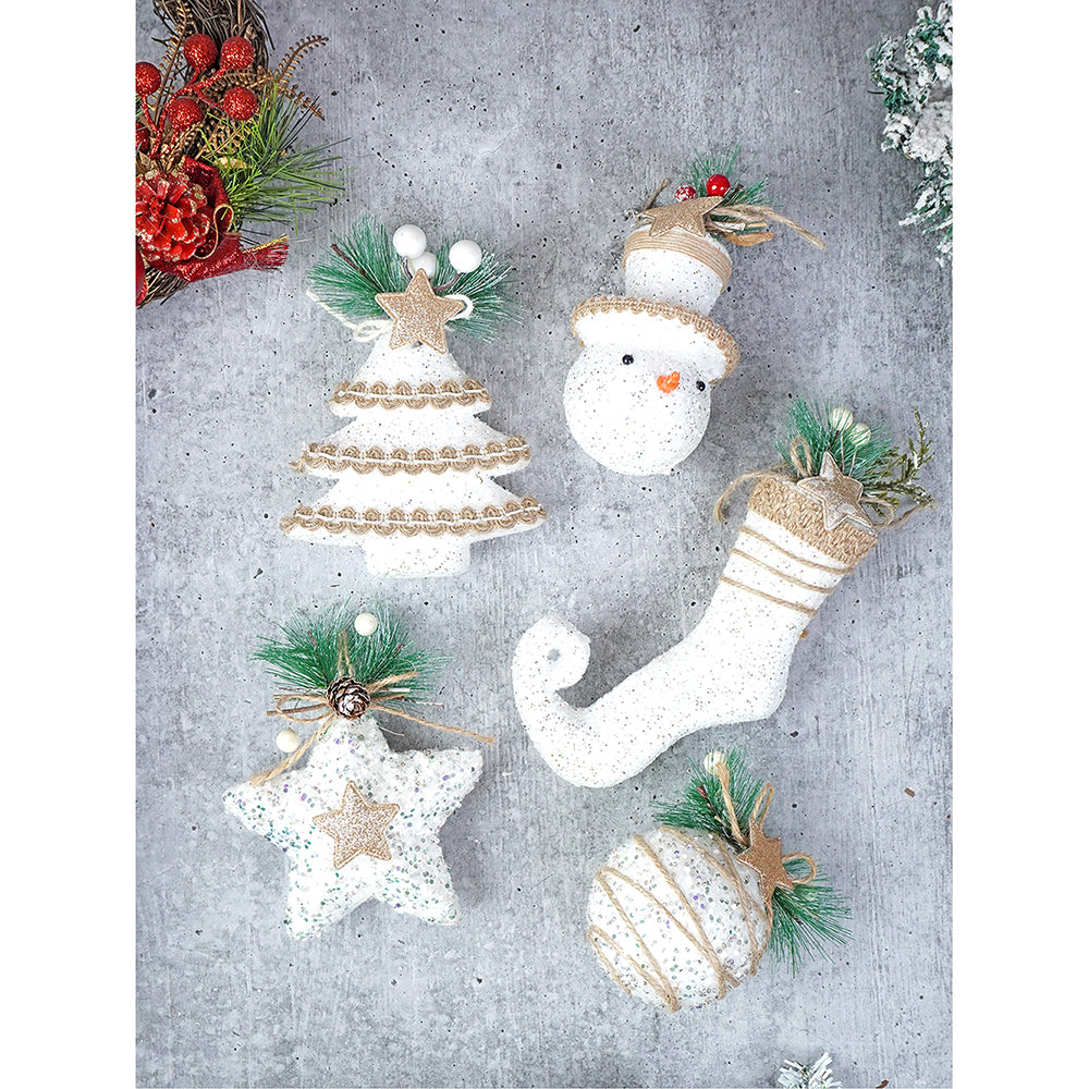 Glitter Jute Themed Tree Ornaments Christmas Decoration | Pack of 5