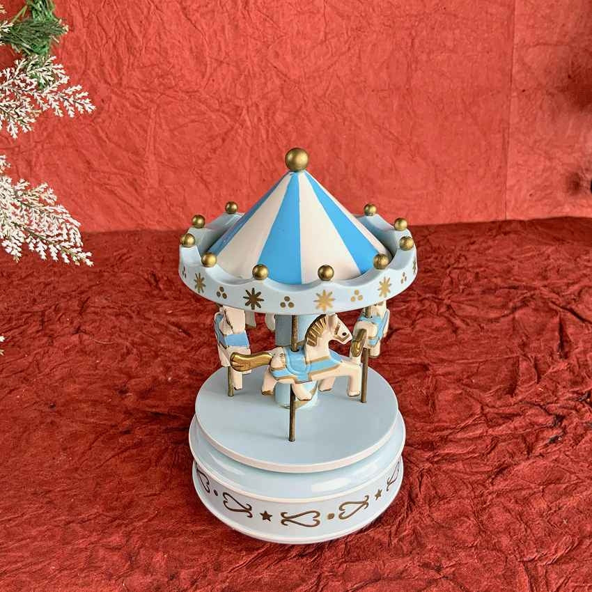 Blue Rotating Carousel Wind Up Musical Box Decoration | 4 x 7 inches