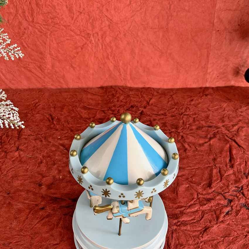 Blue Rotating Carousel Wind Up Musical Box Decoration | 4 x 7 inches