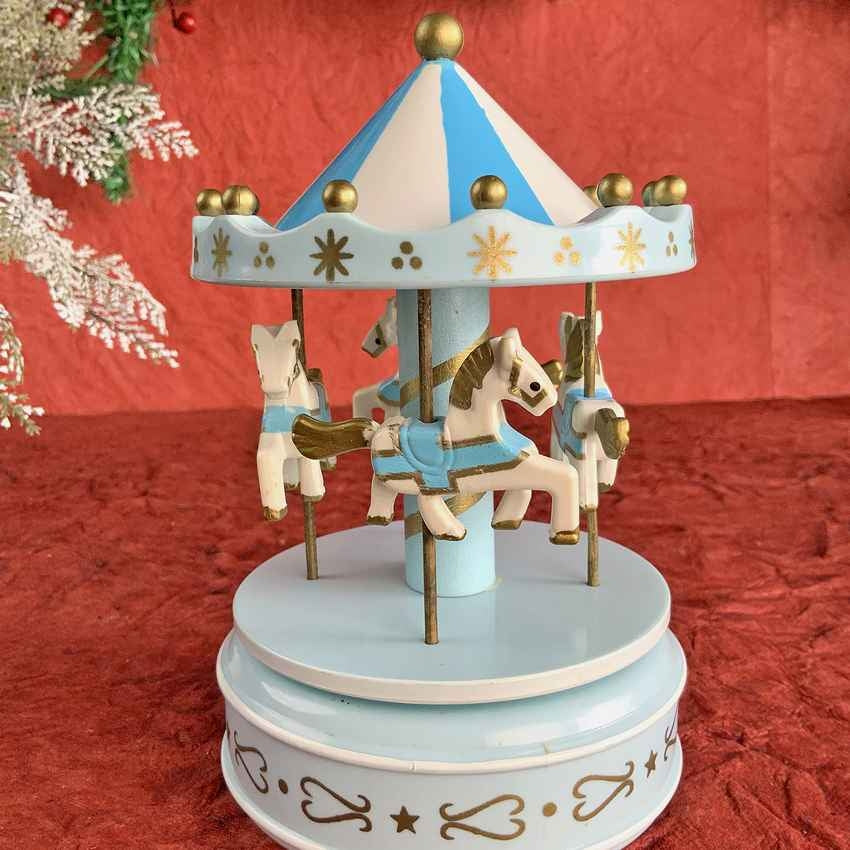 Blue Rotating Carousel Wind Up Musical Box Decoration | 4 x 7 inches