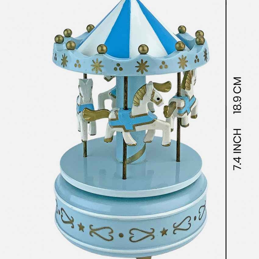 Blue Rotating Carousel Wind Up Musical Box Decoration | 4 x 7 inches