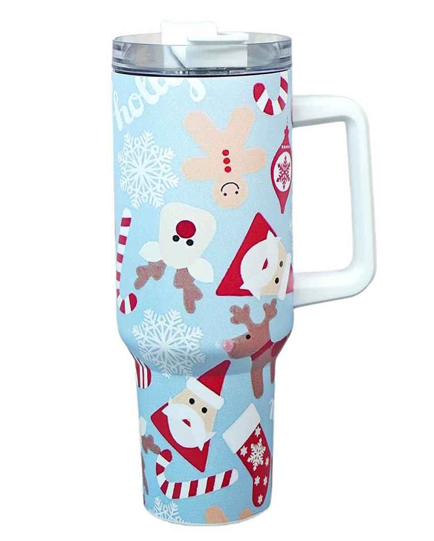 Light Blue Christmas Vacuum Insulated Tumbler with Straw Cup | 6 x 4 x 11 inches | 1 Liter