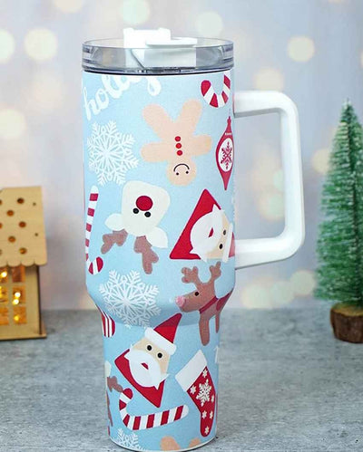 Light Blue Christmas Vacuum Insulated Tumbler with Straw Cup | 6 x 4 x 11 inches | 1 Liter