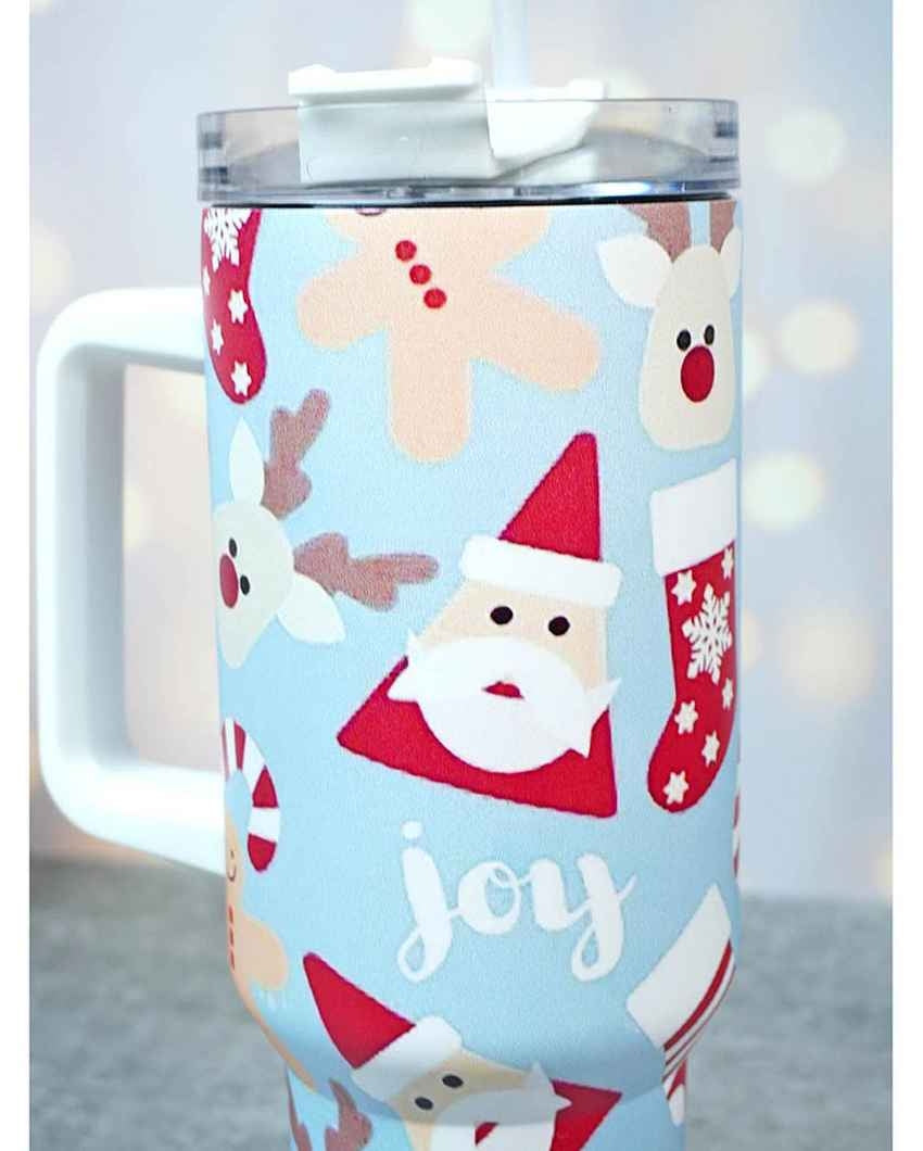 Light Blue Christmas Vacuum Insulated Tumbler with Straw Cup | 6 x 4 x 11 inches | 1 Liter