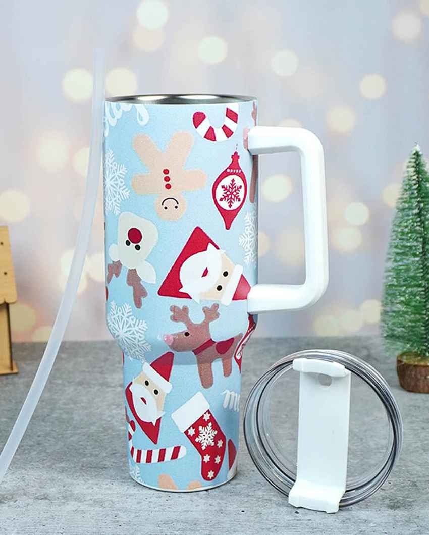 Light Blue Christmas Vacuum Insulated Tumbler with Straw Cup | 6 x 4 x 11 inches | 1 Liter