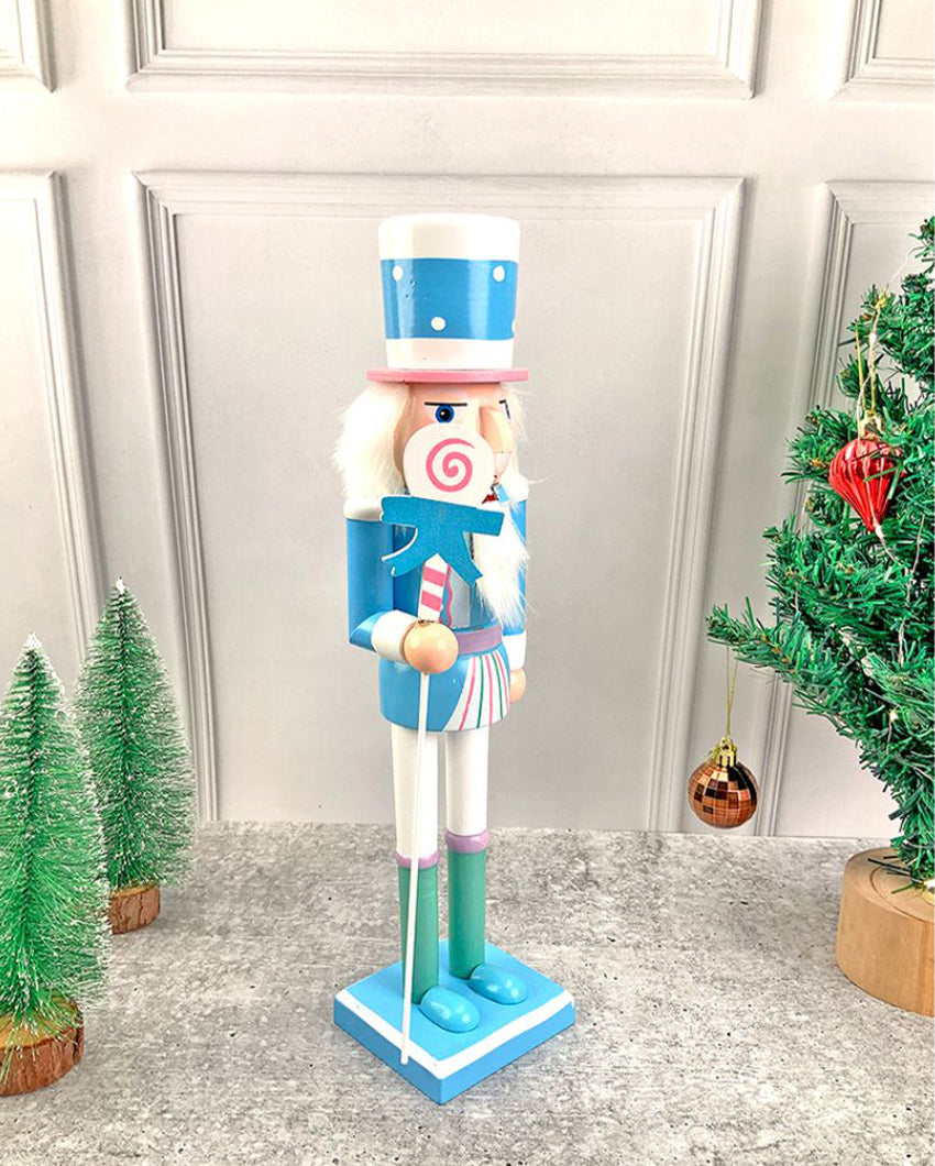 Wooden Pastel Blue Lollipop Nutcracker Self Standing Christmas Table Decor | 16 x 4 inches