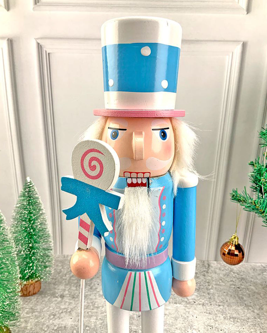 Wooden Pastel Blue Lollipop Nutcracker Self Standing Christmas Table Decor | 16 x 4 inches