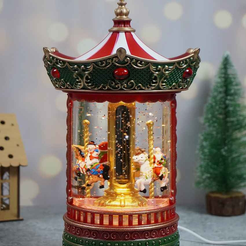 Glitter Light Water Rotating Christmas Carousel Snow Globe Feature Display | 6 x 10 inches