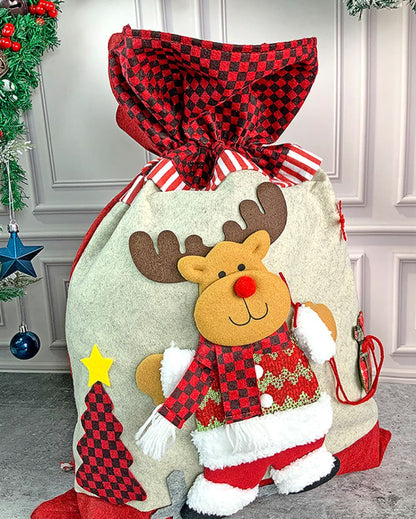 Adorable Deer Checks Felt Christmas Sack And Gift Bag | 13 x 21 inches