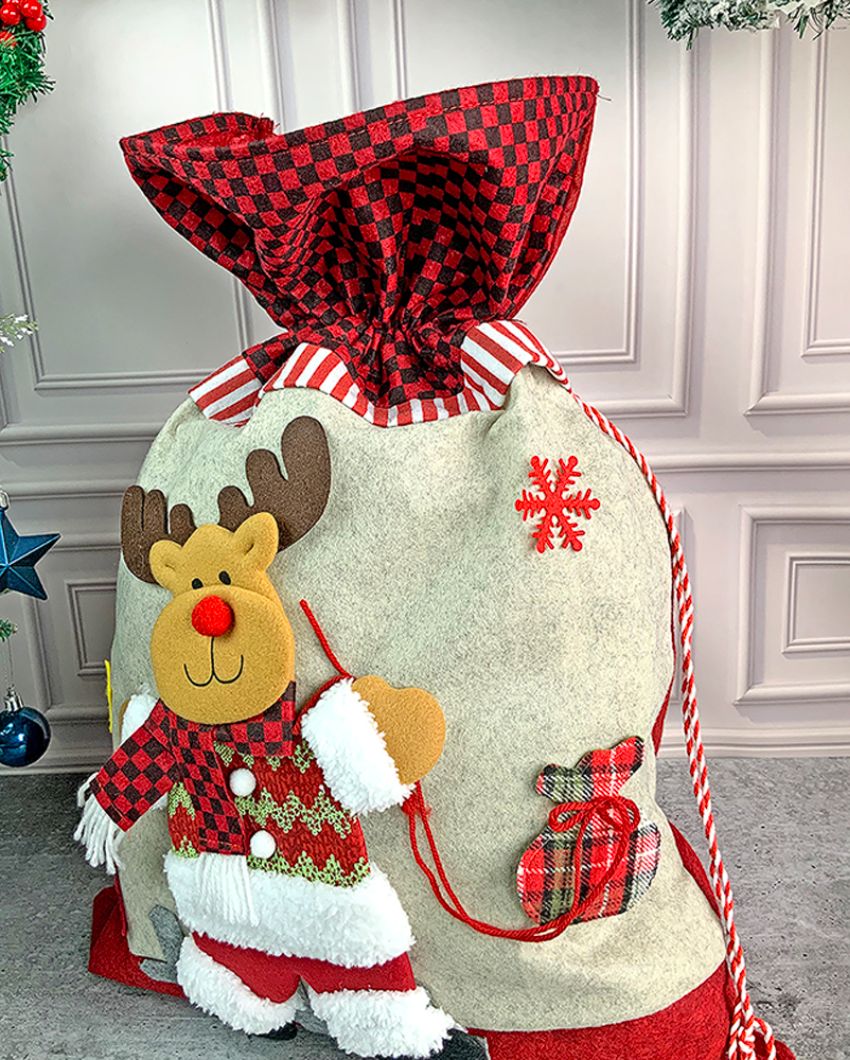 Adorable Deer Checks Felt Christmas Sack And Gift Bag | 13 x 21 inches