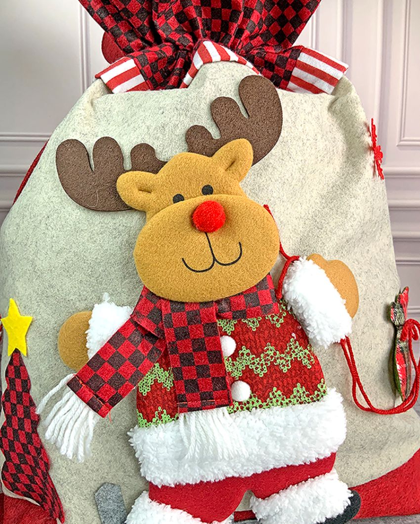 Adorable Deer Checks Felt Christmas Sack And Gift Bag | 13 x 21 inches