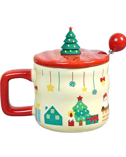 Chimney Santa Ceramic Christmas Mug with Lid and Spoon Set | 4 x 5 inches