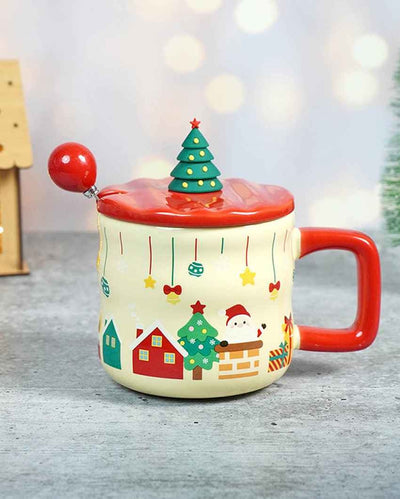 Chimney Santa Ceramic Christmas Mug with Lid and Spoon Set | 4 x 5 inches