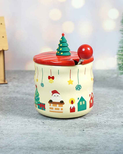 Chimney Santa Ceramic Christmas Mug with Lid and Spoon Set | 4 x 5 inches