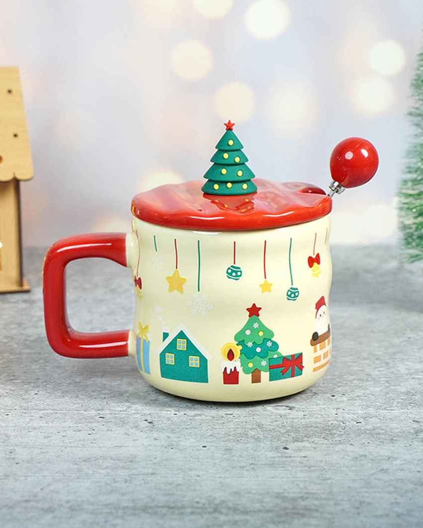 Chimney Santa Ceramic Christmas Mug with Lid and Spoon Set | 4 x 5 inches