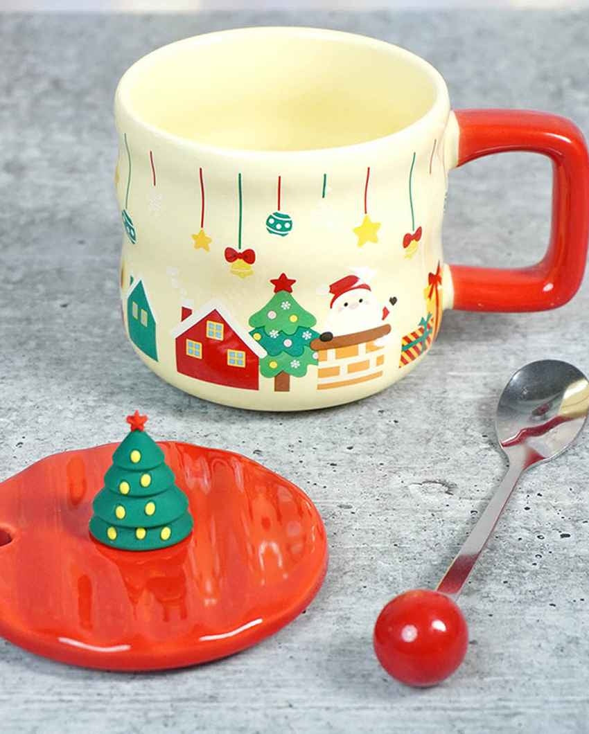 Chimney Santa Ceramic Christmas Mug with Lid and Spoon Set | 4 x 5 inches