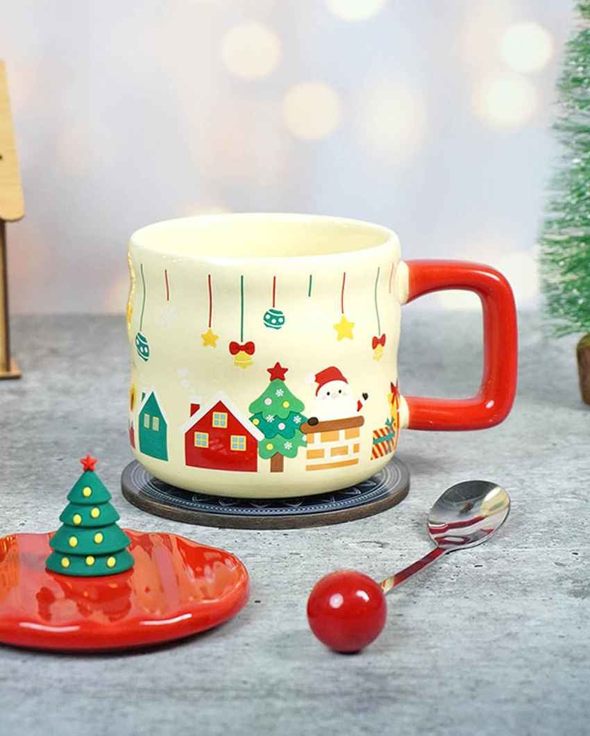 Chimney Santa Ceramic Christmas Mug with Lid and Spoon Set | 4 x 5 inches