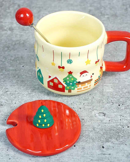 Chimney Santa Ceramic Christmas Mug with Lid and Spoon Set | 4 x 5 inches