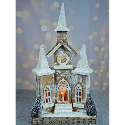 Snow Dusted Wooden Church Christmas Table Ornament Decoration | 10 x 5 x 18 inches