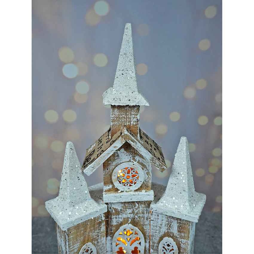 Snow Dusted Wooden Church Christmas Table Ornament Decoration | 10 x 5 x 18 inches