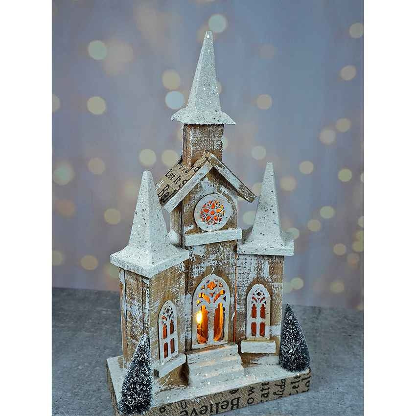 Snow Dusted Wooden Church Christmas Table Ornament Decoration | 10 x 5 x 18 inches