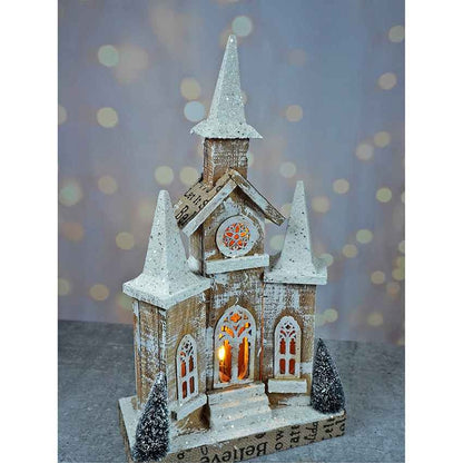 Snow Dusted Wooden Church Christmas Table Ornament Decoration | 10 x 5 x 18 inches