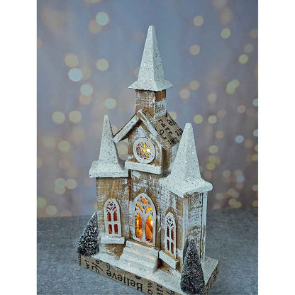 Snow Dusted Wooden Church Christmas Table Ornament Decoration | 10 x 5 x 18 inches