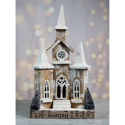 Snow Dusted Wooden Church Christmas Table Ornament Decoration | 10 x 5 x 18 inches