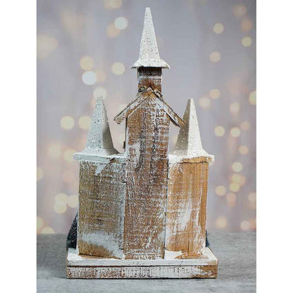 Snow Dusted Wooden Church Christmas Table Ornament Decoration | 10 x 5 x 18 inches