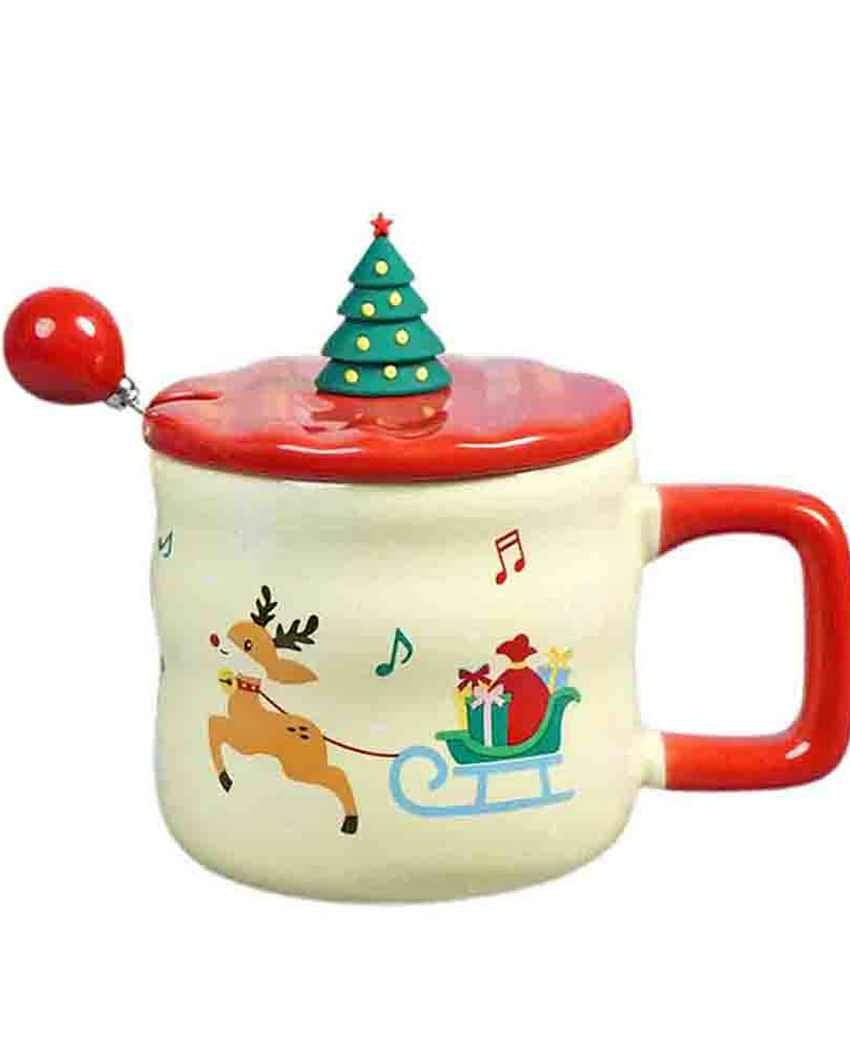 Deer with Sledge Ceramic Christmas Mug with Lid and Spoon Set | 4 x 5 inches