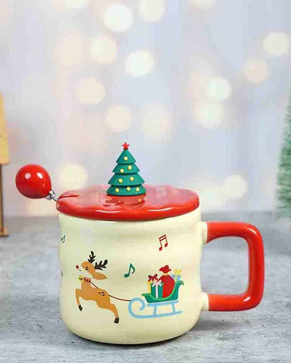 Deer with Sledge Ceramic Christmas Mug with Lid and Spoon Set | 4 x 5 inches