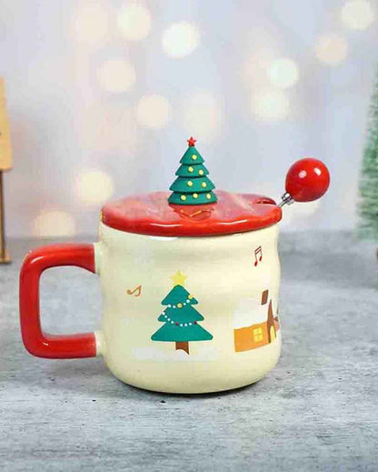 Deer with Sledge Ceramic Christmas Mug with Lid and Spoon Set | 4 x 5 inches