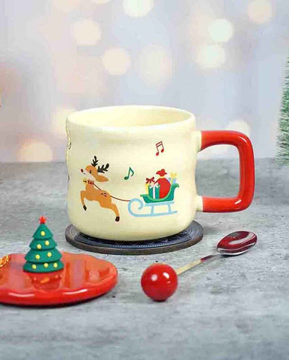 Deer with Sledge Ceramic Christmas Mug with Lid and Spoon Set | 4 x 5 inches