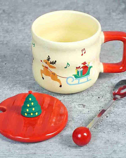 Deer with Sledge Ceramic Christmas Mug with Lid and Spoon Set | 4 x 5 inches