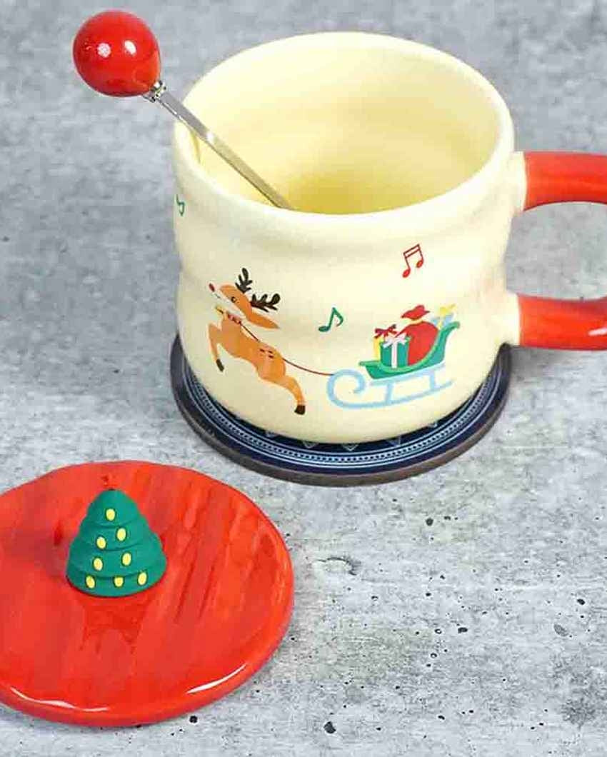 Deer with Sledge Ceramic Christmas Mug with Lid and Spoon Set | 4 x 5 inches